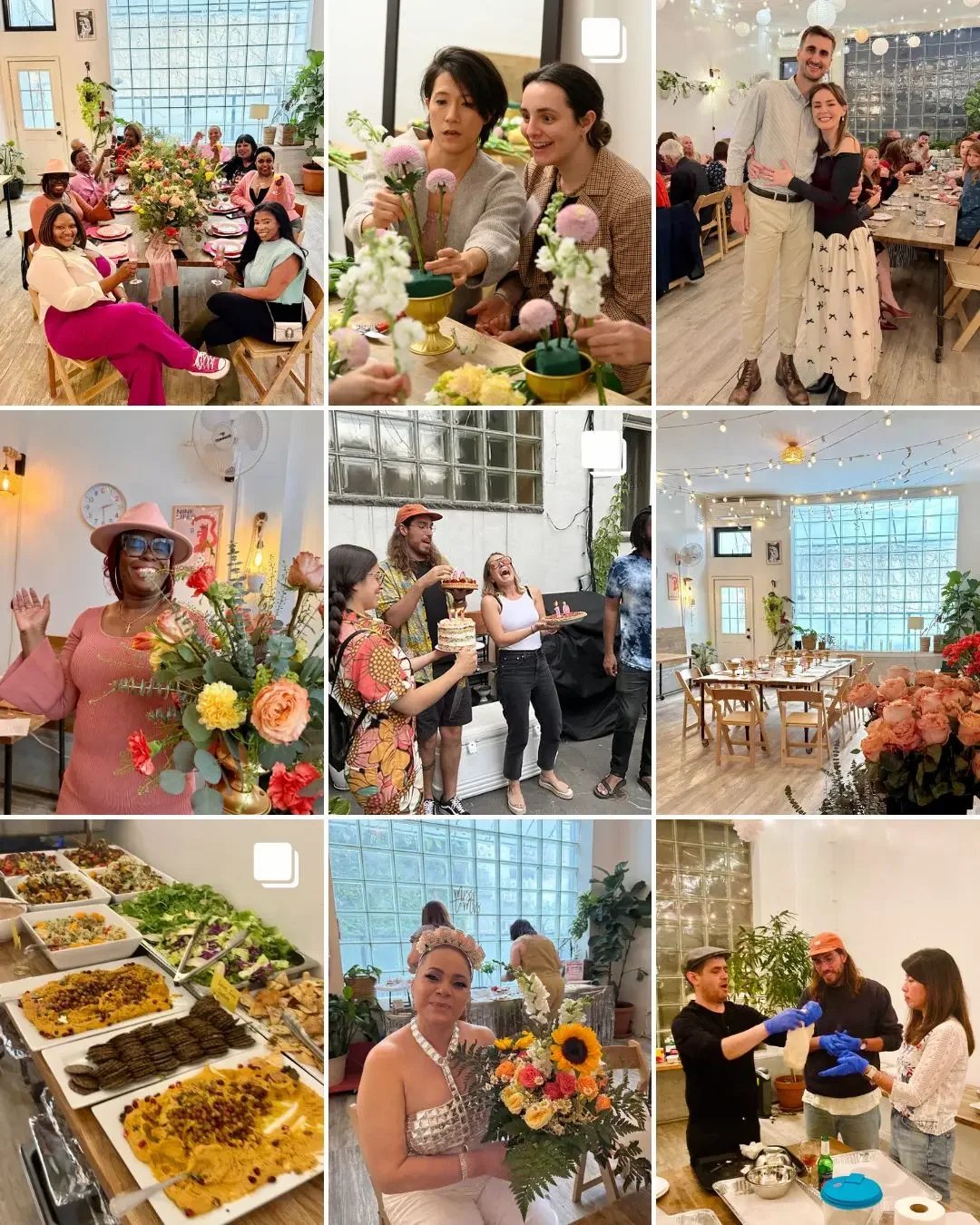 Birthday party, kids birthday party and private party celebration with guests gathered around a long dinner table in a bright Brooklyn event space at Bat Haus.