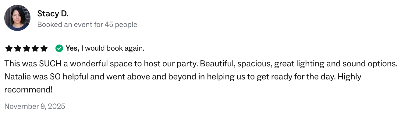 Five star review from birthday party host at Bat Haus in Brooklyn, highlighting beautiful space, easy coordination, and supportive event planning.