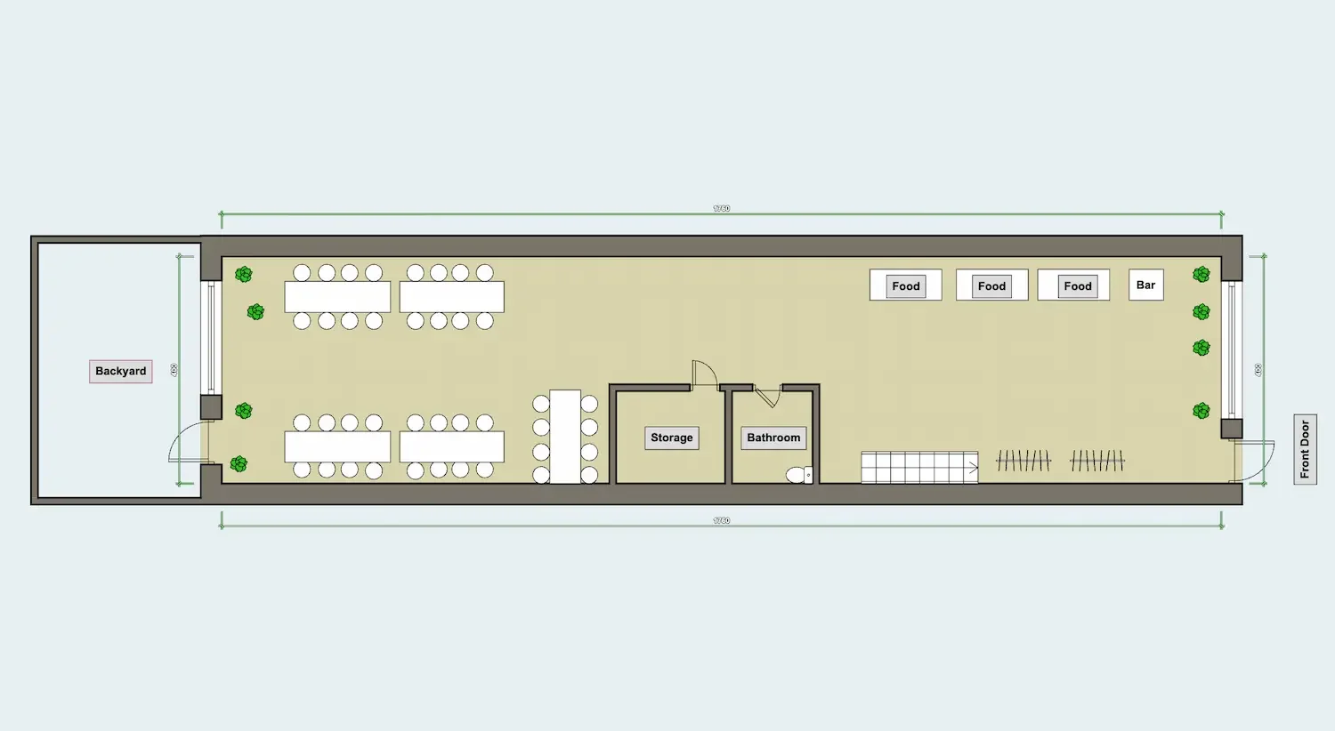 Floor plan of Bat Haus in Brooklyn showing banquet table layout, bar and food stations, bathroom and storage areas, front entrance, and backyard access for private events and corporate offsites.