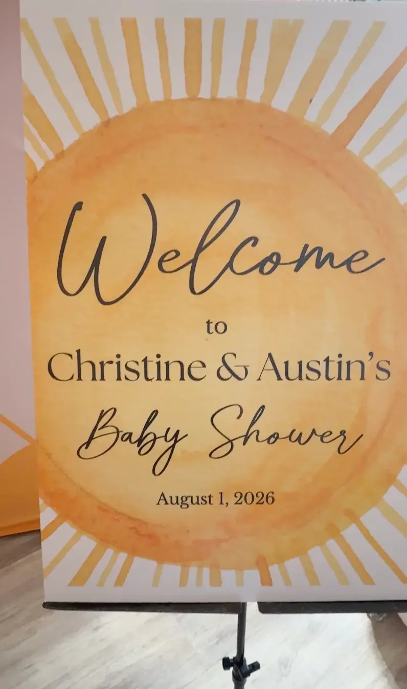 Baby shower welcome sign from Christine and Austin's baby shower at Bat Haus event space in Brooklyn