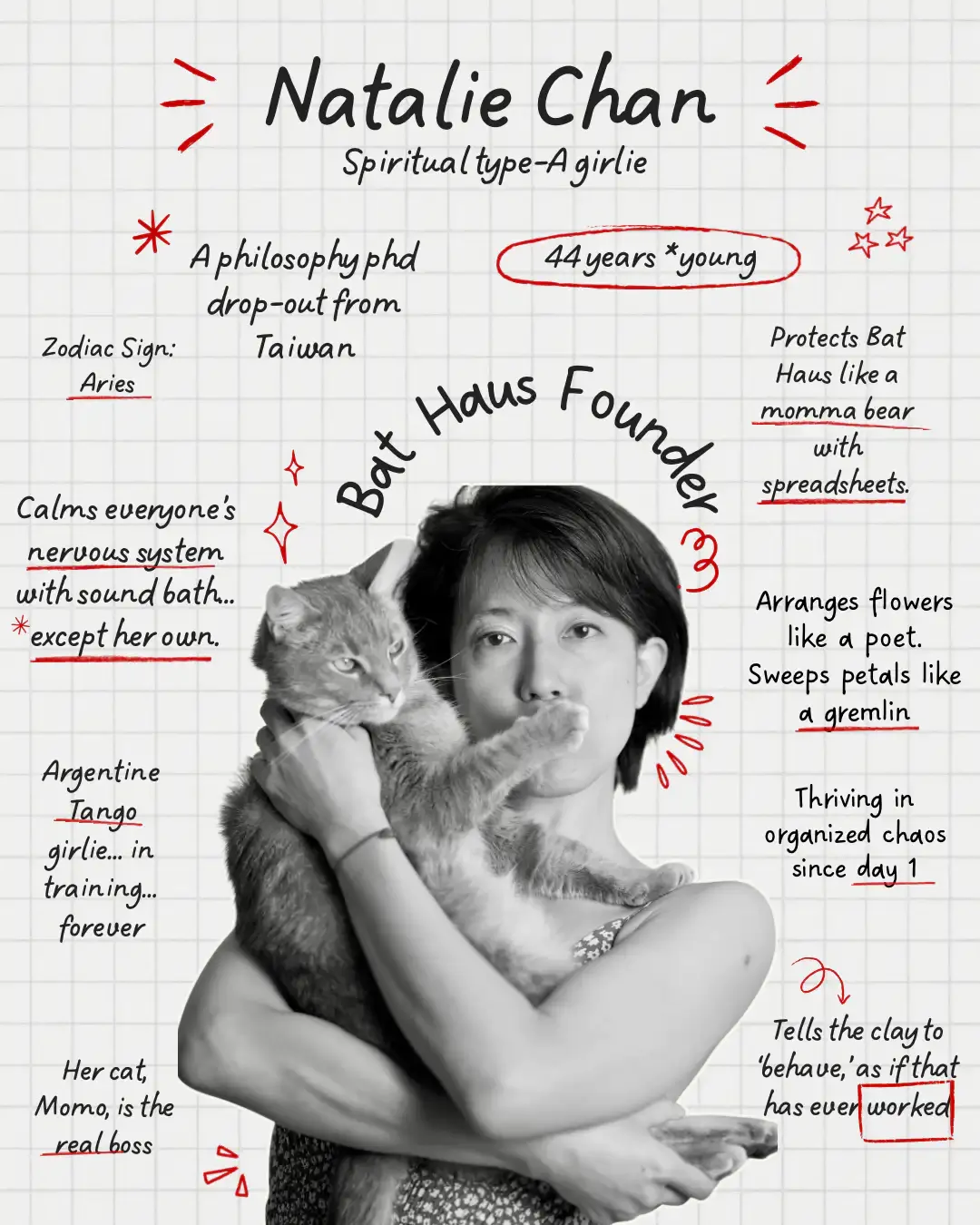 Portrait of Natalie Chan, founder of Bat Haus in Brooklyn, holding her cat Momo, with handwritten notes describing her as a spiritual type-A creative entrepreneur, sound bath facilitator, florist, and event space founder in Williamsburg.