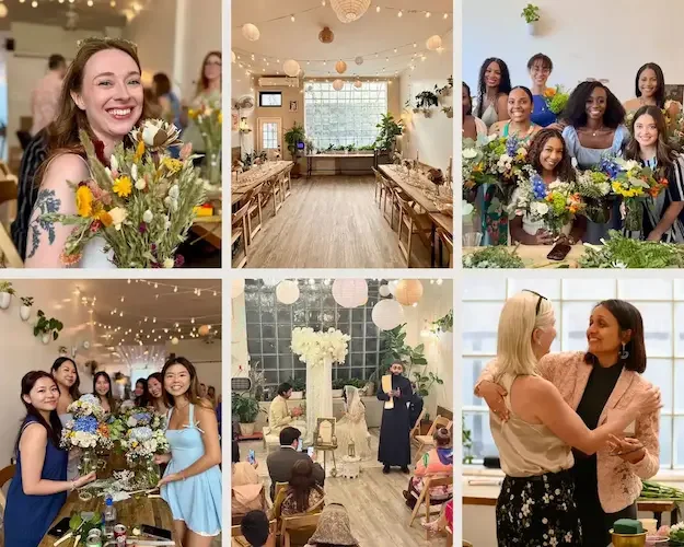 Collage of events at Bat Haus Brooklyn event space featuring in-house floral workshops, corporate team bonding, wedding ceremony setup, and intimate celebrations with long wooden tables and glass block windows.