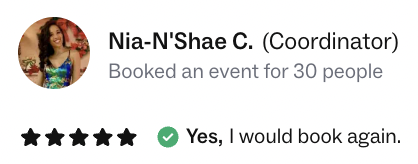 Nia wrote a five-star review for bat haus where she hosted her bridal shower