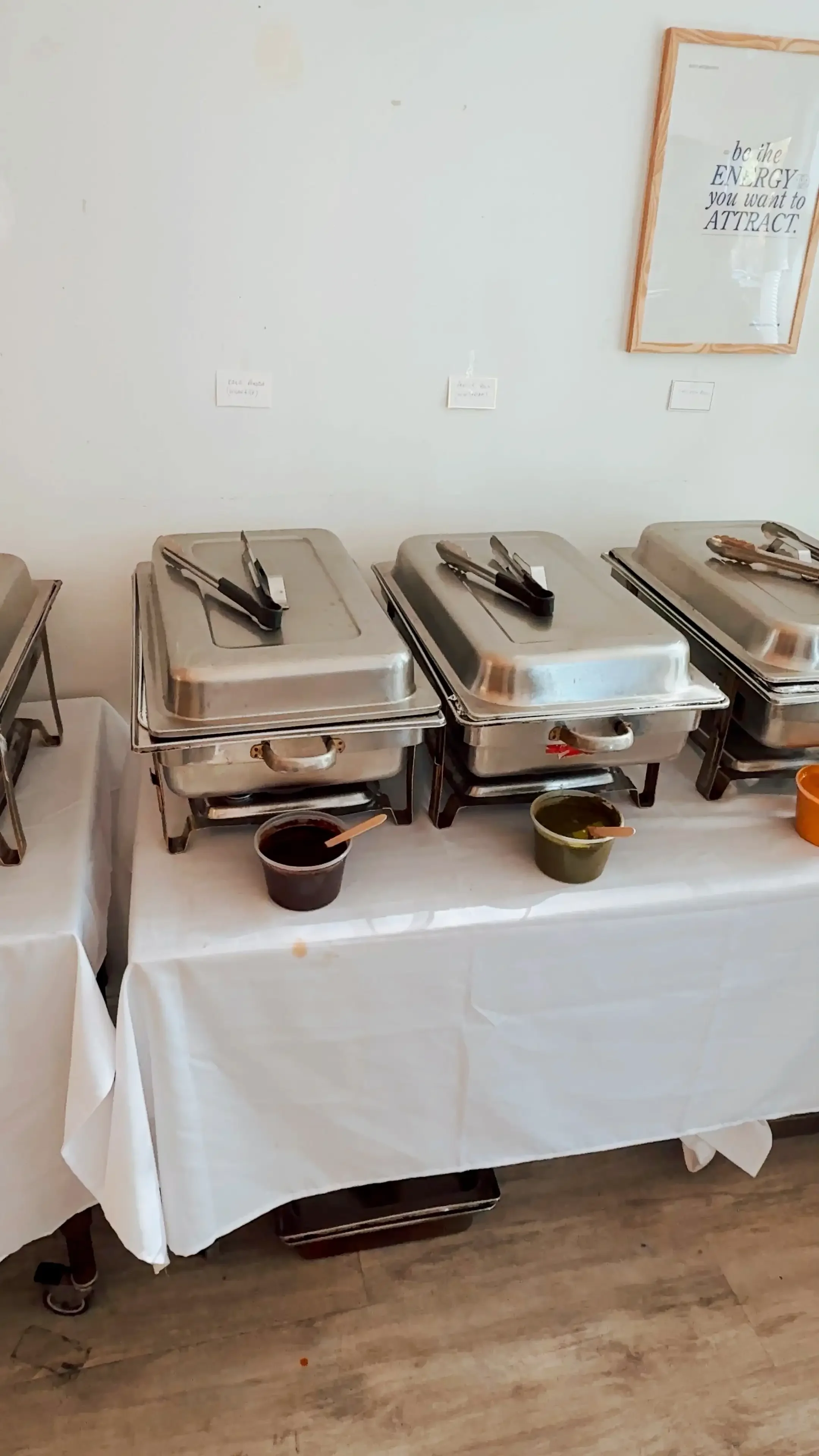 Outside-catered hot buffet with chafing dishes at Bat Haus, a BYO food event space in Brooklyn with no catering markup.