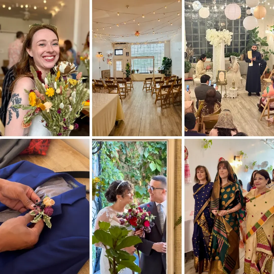Micro wedding venue Brooklyn bride smiling and holding a colorful wildflower bouquet during an intimate wedding celebration at Bat Haus.
