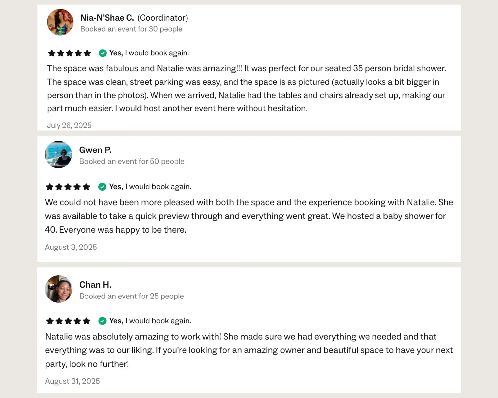 Five-star testimonials from clients who hosted weddings, baby showers, birthday parties, and corporate events at Bat Haus, a Brooklyn event space in Williamsburg accommodating up to 50 guests.