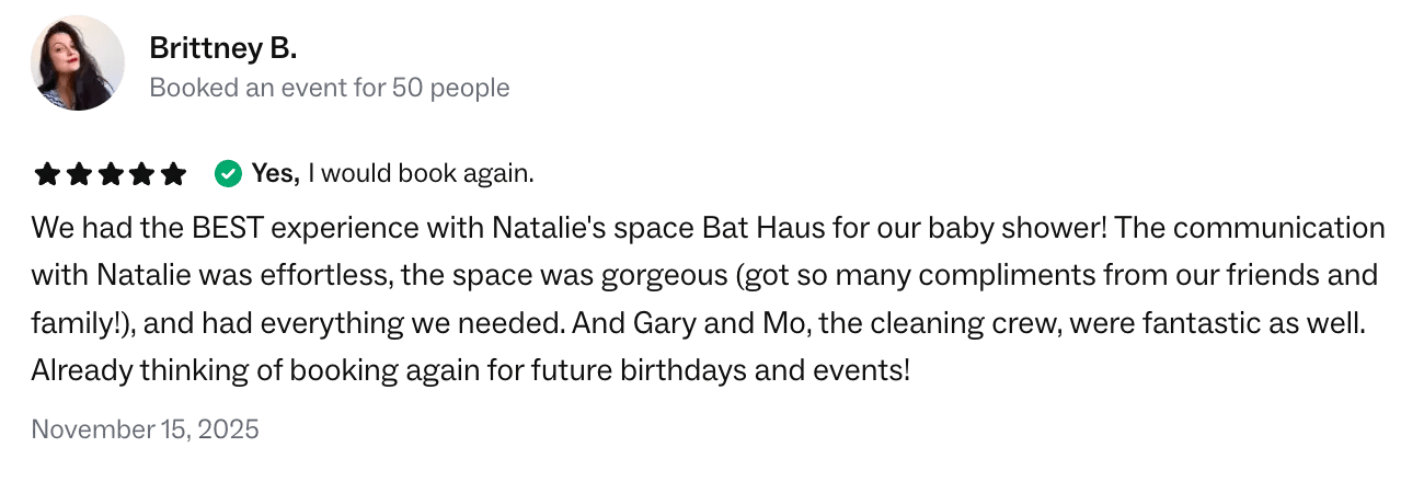 Five star review from baby shower host at Bat Haus Brooklyn event space, praising the clean venue, easy parking, and ready to host setup.