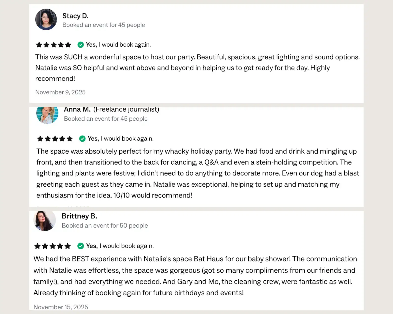 Five-star testimonials from clients who hosted weddings, baby showers, birthday parties, and corporate events at Bat Haus, a Brooklyn event space in Williamsburg accommodating up to 50 guests.