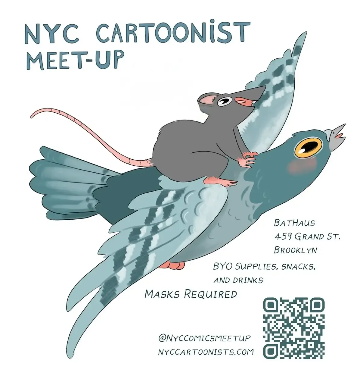 Illustrated NYC Cartoonist Meet-Up poster featuring a cartoon mouse riding a blue bird, with event details for Bat Haus in Brooklyn and a QR code for registration.