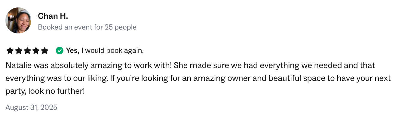 Five star review from wedding couple at Bat Haus, a Brooklyn event space, praising the intimate setting, flexible layout, and smooth planning support.