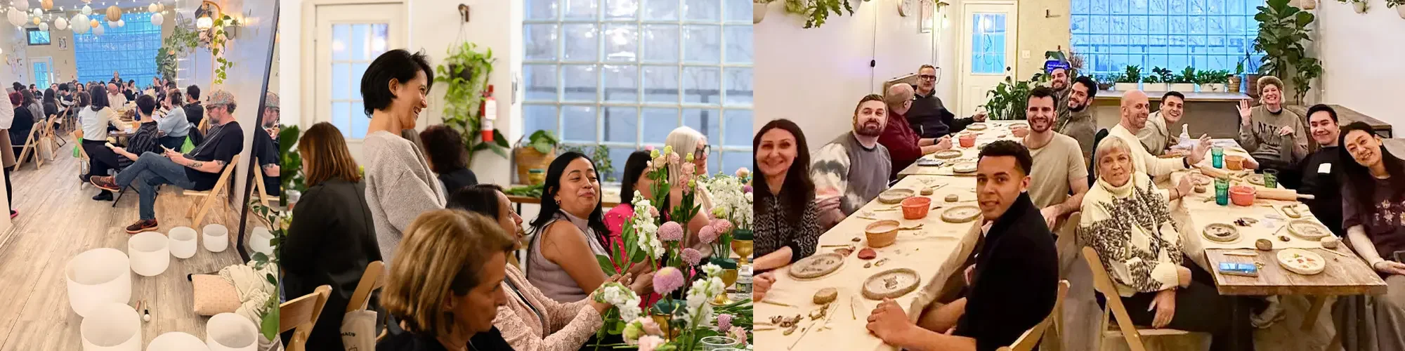 Corporate team bonding experience at Bat Haus in Brooklyn featuring a sound bath session, guided floral workshop, and hand-building pottery class for workplace wellness and creative connection.