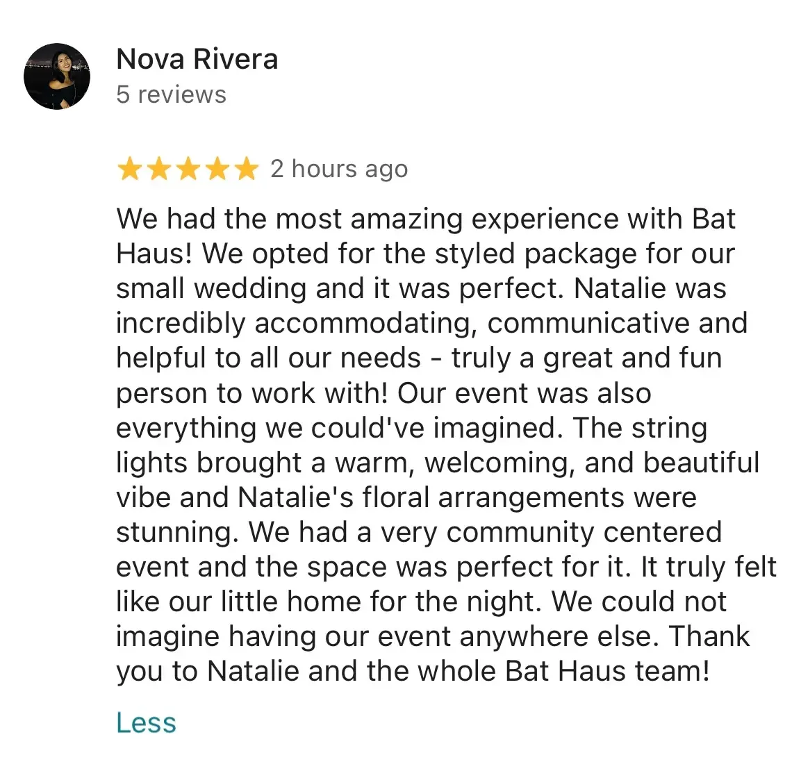 Five star review for Bat Haus Brooklyn describing a styled micro wedding with warm lighting, floral arrangements, and a welcoming intimate event experience