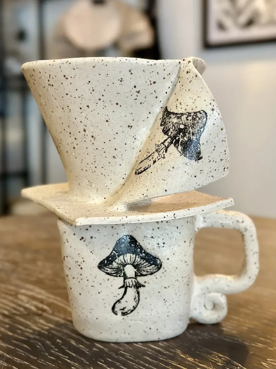 handmade ceramic coffee pour over and mug created during private pottery class brooklyn at bat haus speckled stoneware set with mushroom illustration