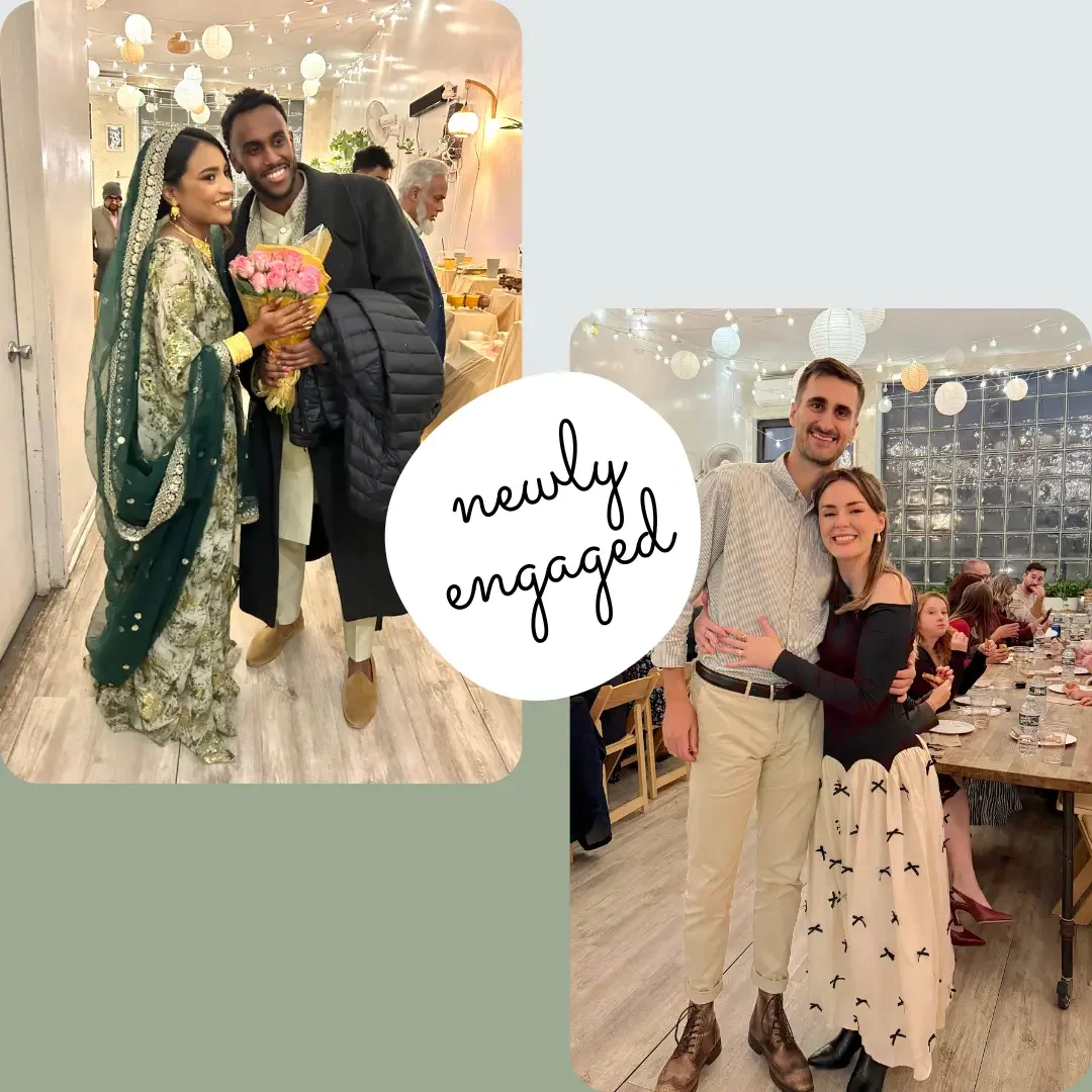 Newly engaged couples celebrating at Bat Haus Brooklyn event space, featuring intimate engagement party gatherings with long wooden tables and warm string lights.