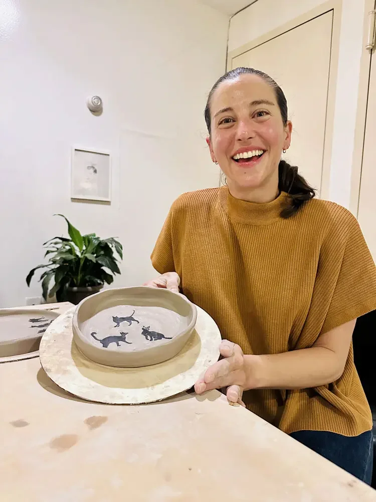 A handmade decorative dinner plate from a hand-building pottery class at Bat Haus in Williamsburg, Brooklyn.