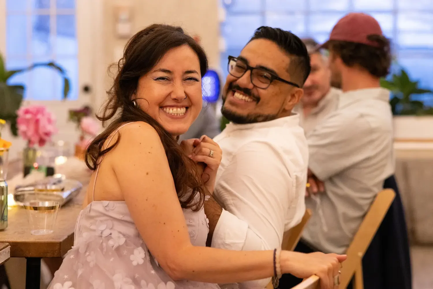 Happy couple engaged at Bat Haus Brooklyn Event Space