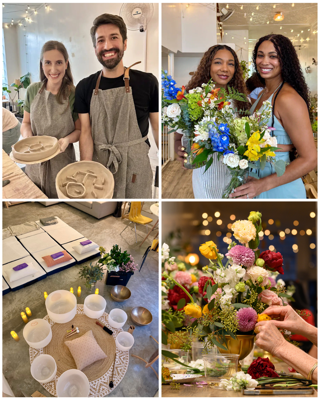 corporate team bonding activities brooklyn collage showing pottery workshop floral arranging class and sound bath experience at bat haus