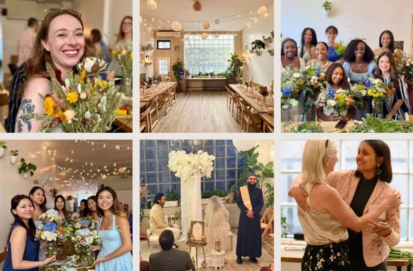 Collage of events at Bat Haus in Williamsburg Brooklyn featuring floral workshop guests holding bouquets, long table setup with string lights, diverse group celebrations, wedding ceremony with chuppah, and warm community gathering moments.