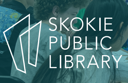 Logo of Skokie Public Library with a background of children reading