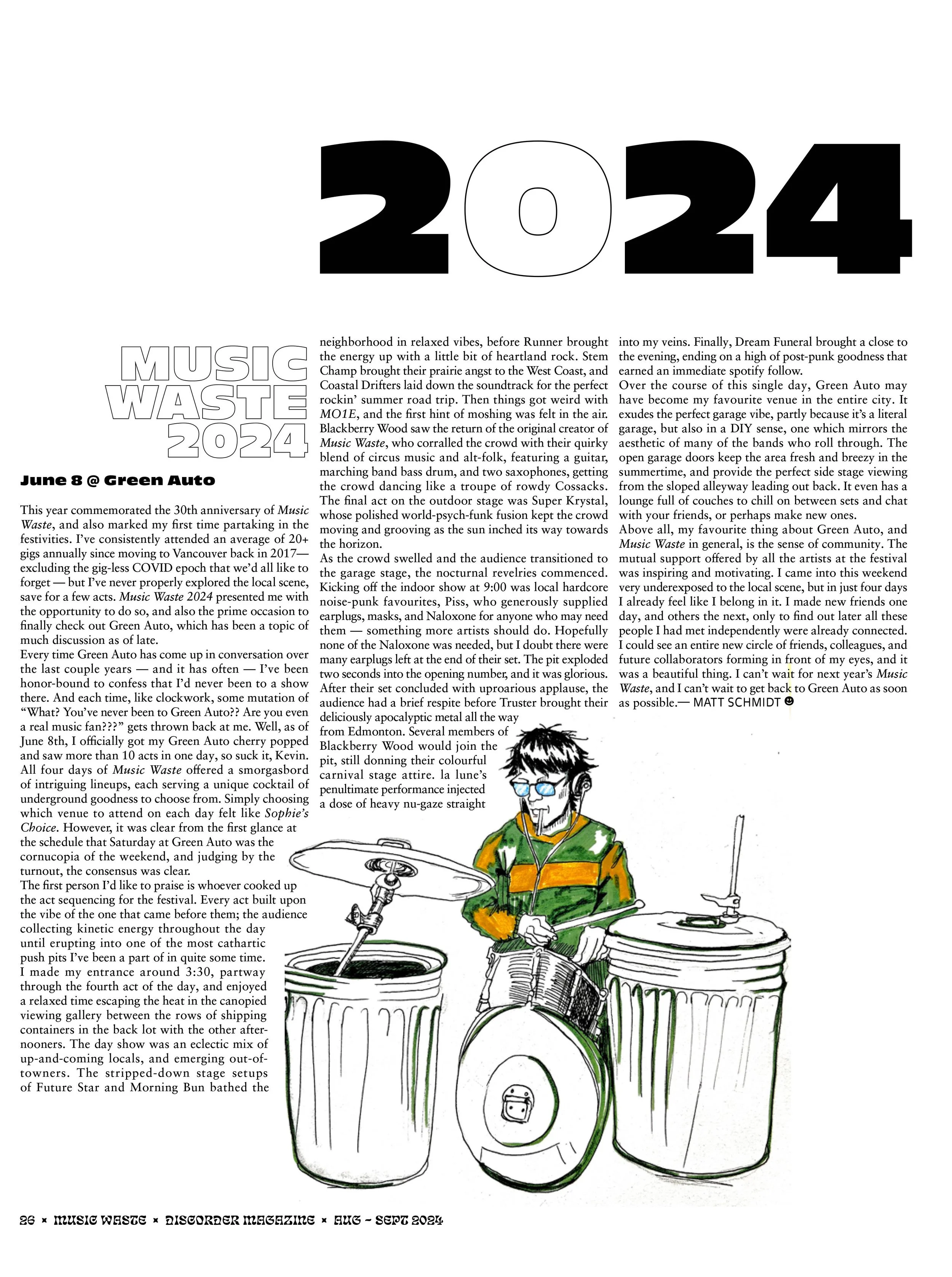 An illustrated person wearing glasses, a green and orange sweater, playing drums while standing among three trash cans, with background text and large heading '2024.' Music Waste 2024.