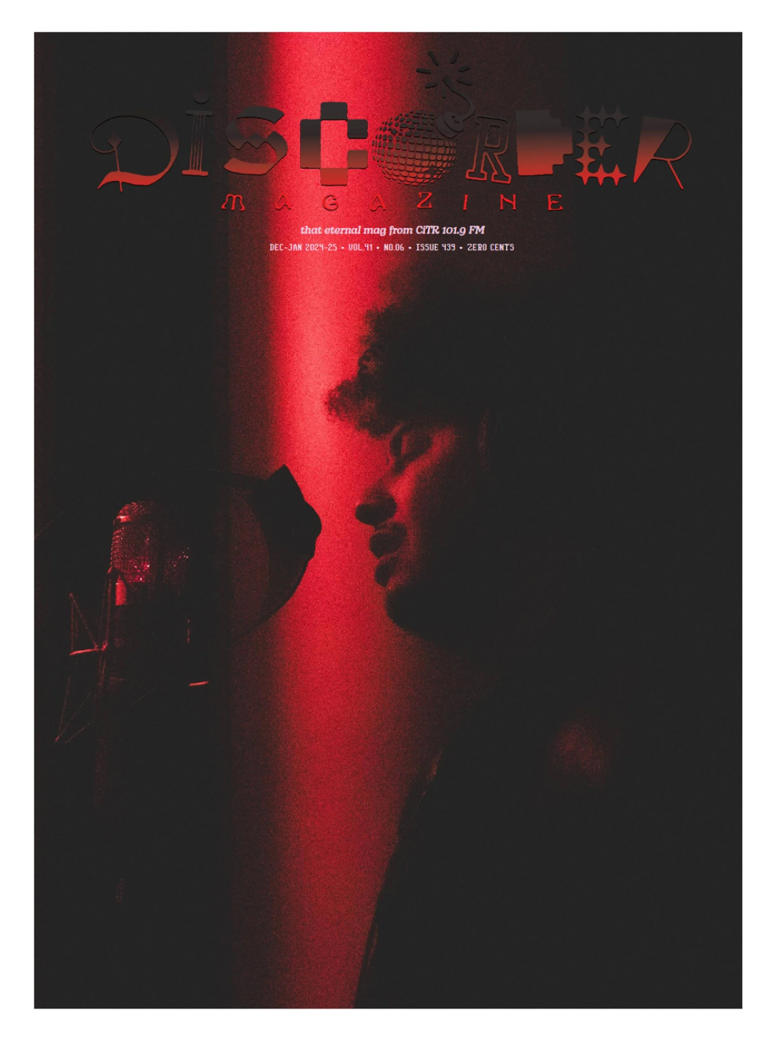 Cover of Discorder Magazine #439 featuring a silhouette of a man singing into a microphone under red lighting.