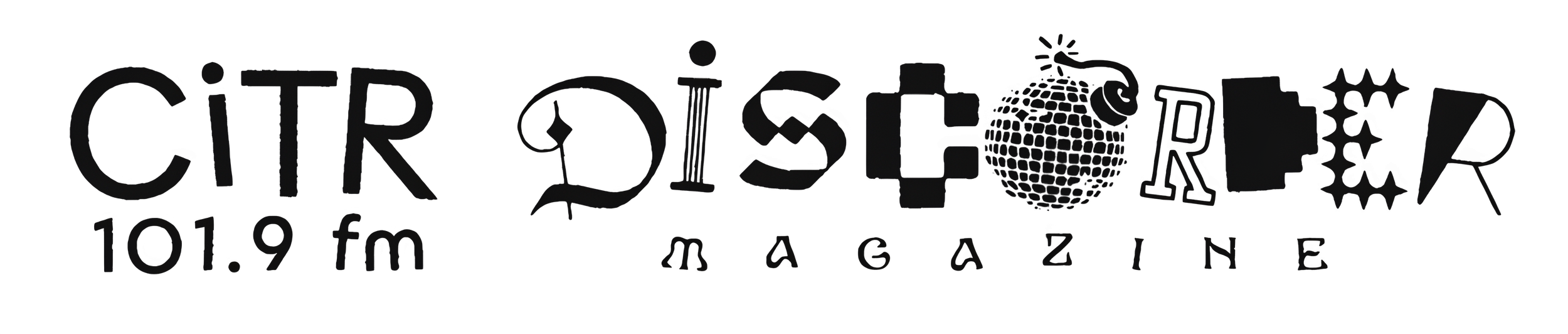 Logo for CiTR 101.9 fm and Discorder Magazine featuring stylized text, a microphone, a bomb with a lit fuse, a cup with a straw, and star patterns.