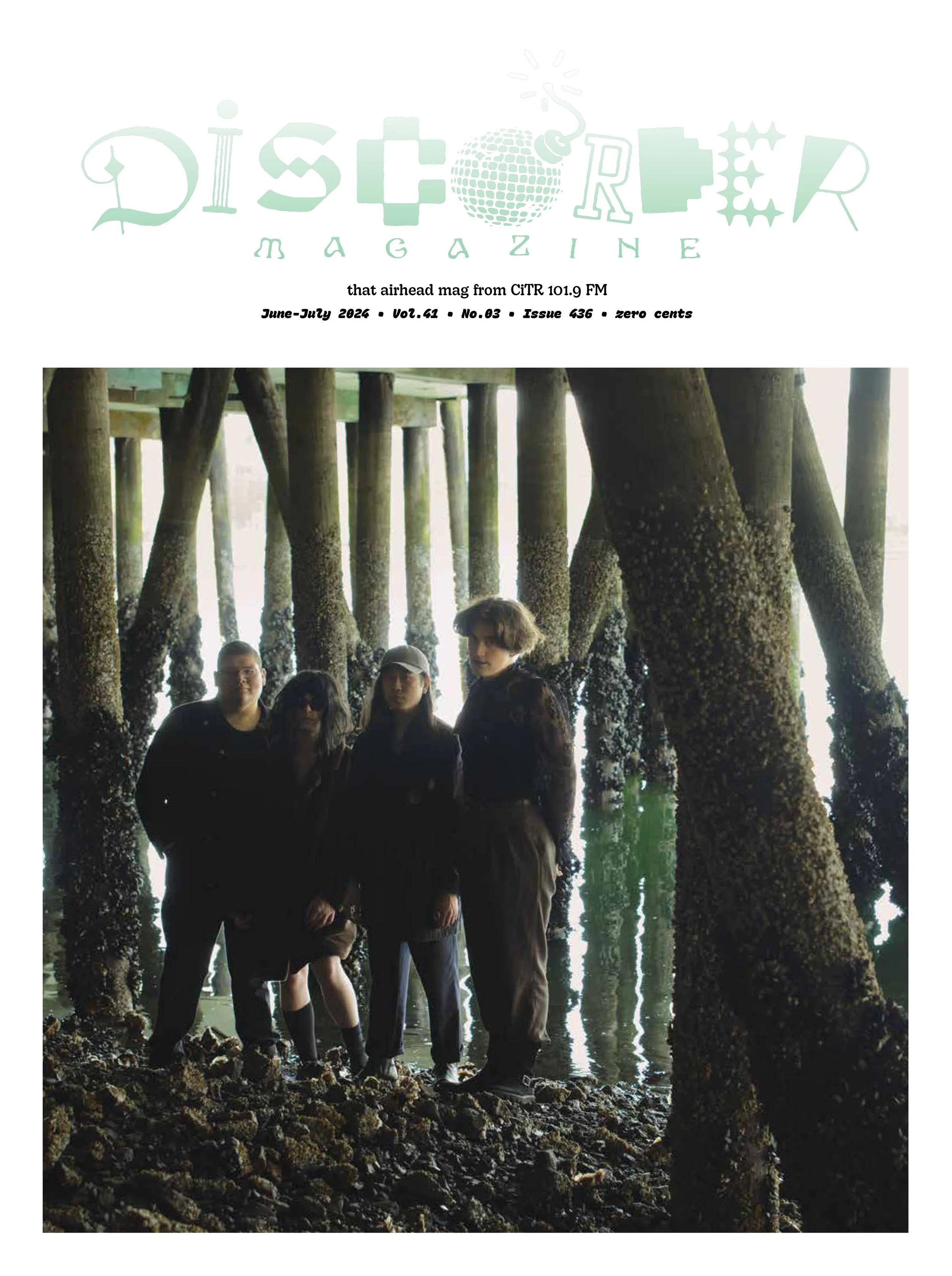 Cover of Discorder Magazine #436. NATLAK. Nature Lake. Four people standing under a pier with thick wooden supports covered in barnacles, near water.