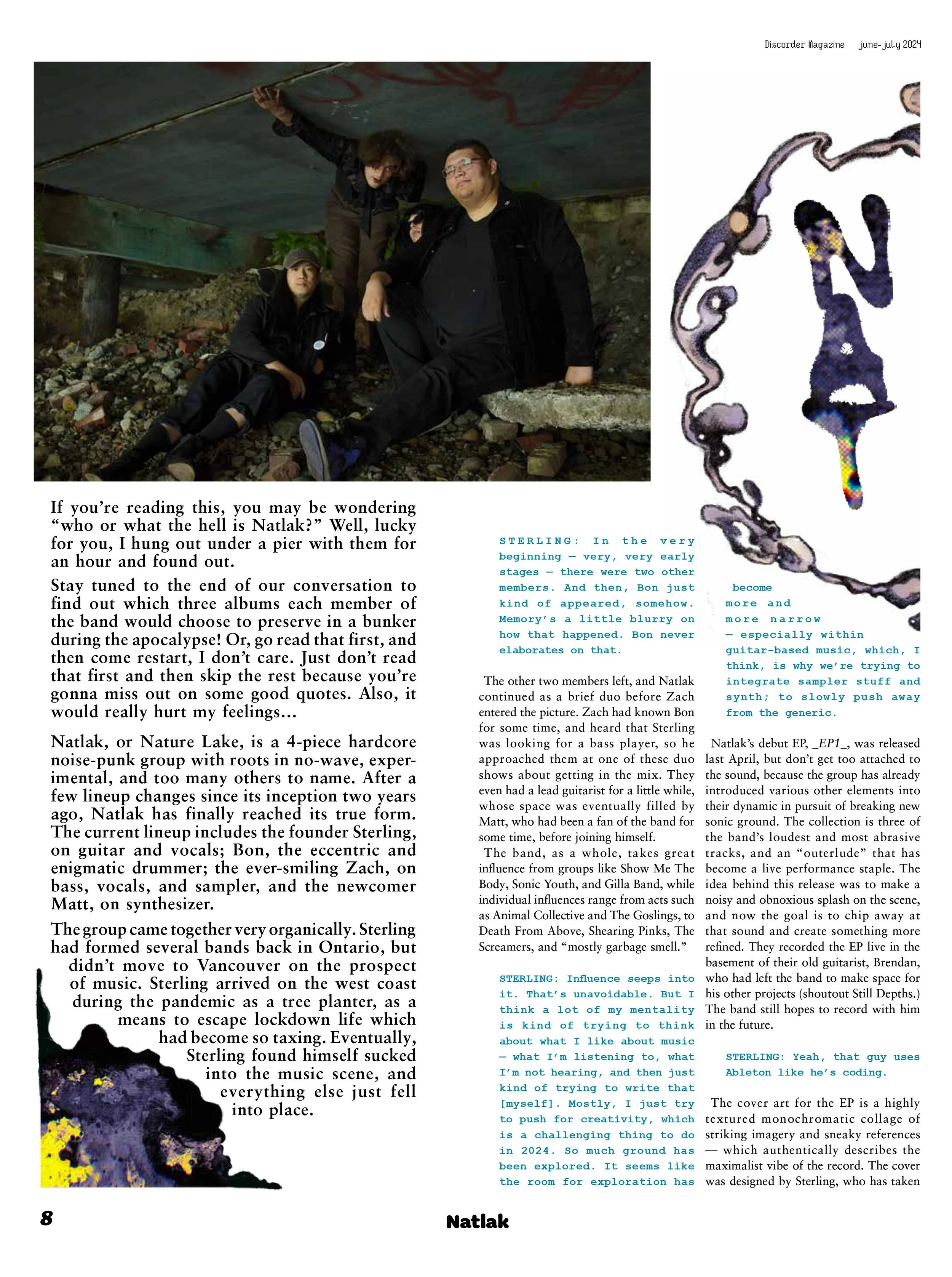 Group of four members of Natlak, a hardcore noise-punk band, under a pier with graffiti on the ceiling, one sitting on the ground, one reclining on a concrete block, one standing behind them, and one crouching. The scene appears underground and gritty.