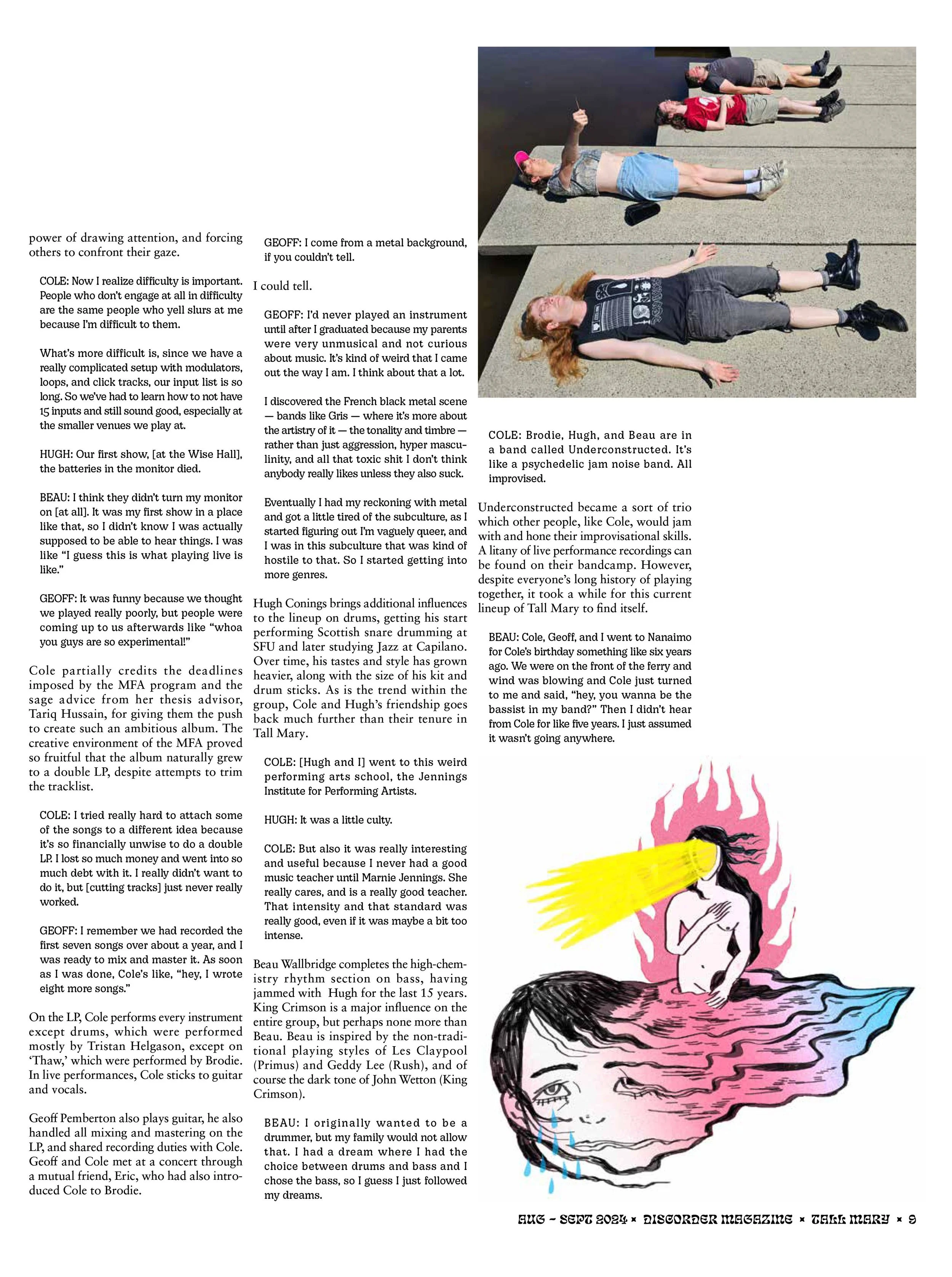 Photograph of five people lying on the ground by the water, with one woman in the foreground holding a pink paddle and making a pose, with a drawing of a person with blue hair and pink flames at the bottom right corner. Tall Mary