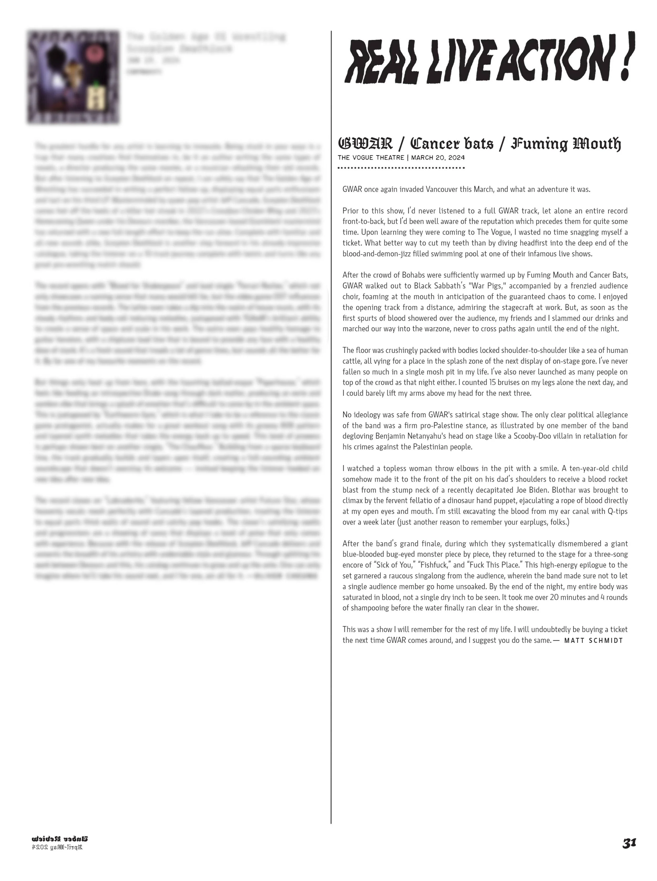 Page from a magazine or journal featuring an article titled 'REAL LIVE ACTION!' about a live concert performance by GWAR, with a review by Matt Schmidt. The text describes the band's show, audience reactions, and memorable moments from the concert.
