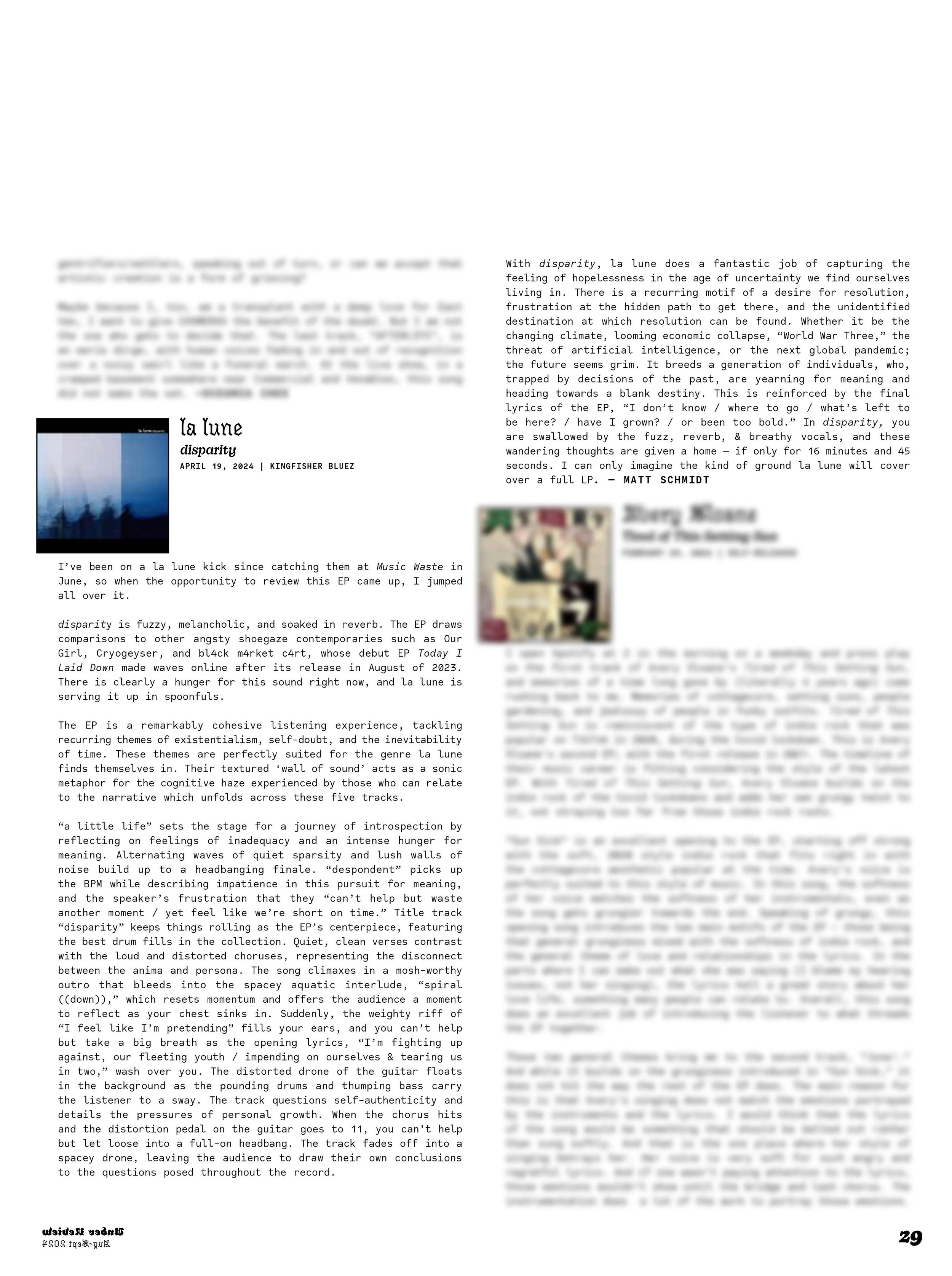 Page from a magazine or booklet containing reviews of music albums. Features a picture of an album cover, and columns with text detailing music critics' opinions and descriptions. la lune. Disparity.