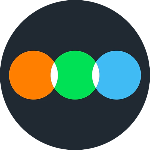 Icon with three overlapping circles in orange, green, and blue on a dark background.
