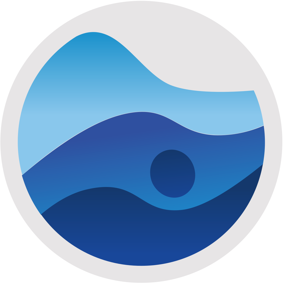 A circular icon with layered blue waves and a small dark circle, resembling a stylized ocean or water design.