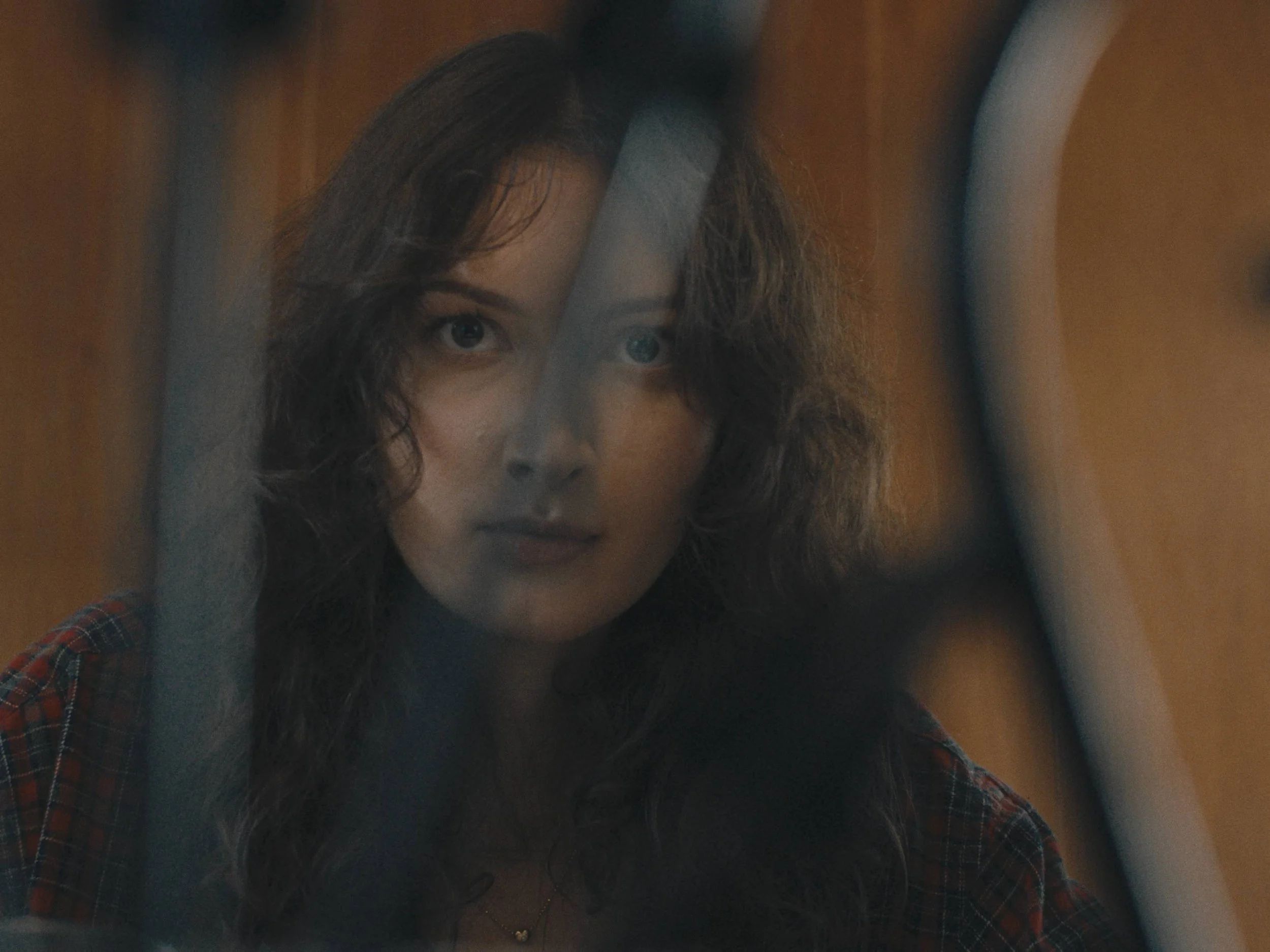 A woman with curly hair looking through a glass window, with a wooden background.