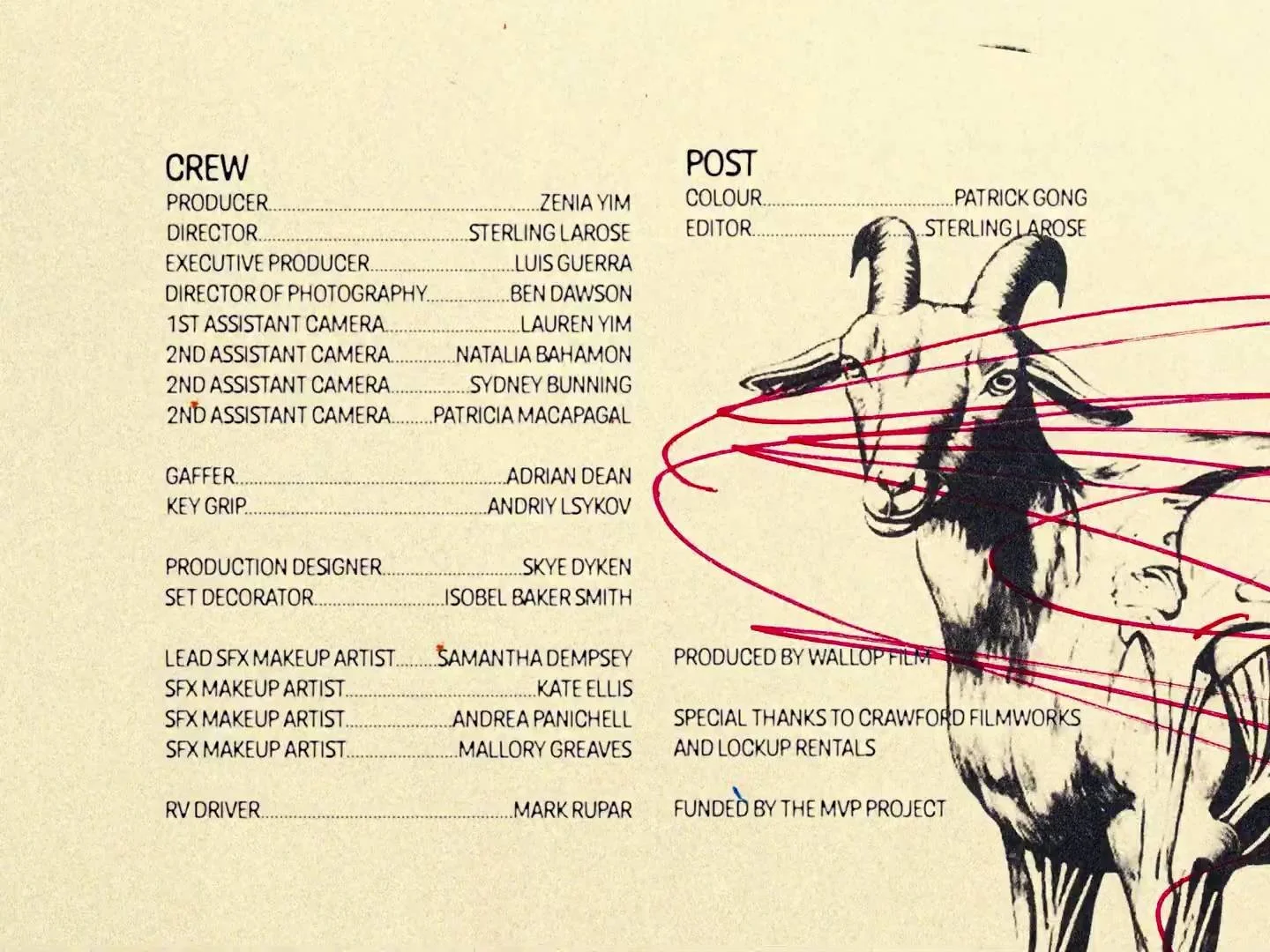 List of crew and post production credits alongside a black and white drawing of a goat with red lines circling its head.