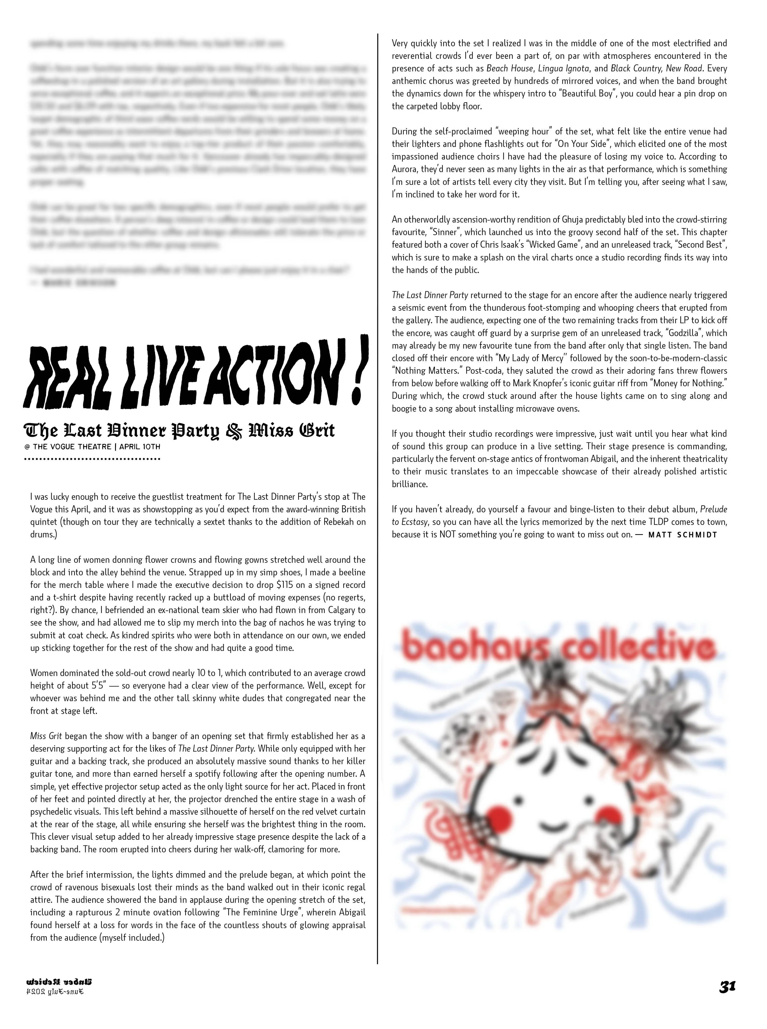 Page from magazine featuring article about The Last Dinner Party and Miss Grit, with bold headline 'REAL LIVE ACTION!'. Includes image of Baahaus Collective artwork depicting stylized, cartoonish characters with exaggerated features and bold outlines.