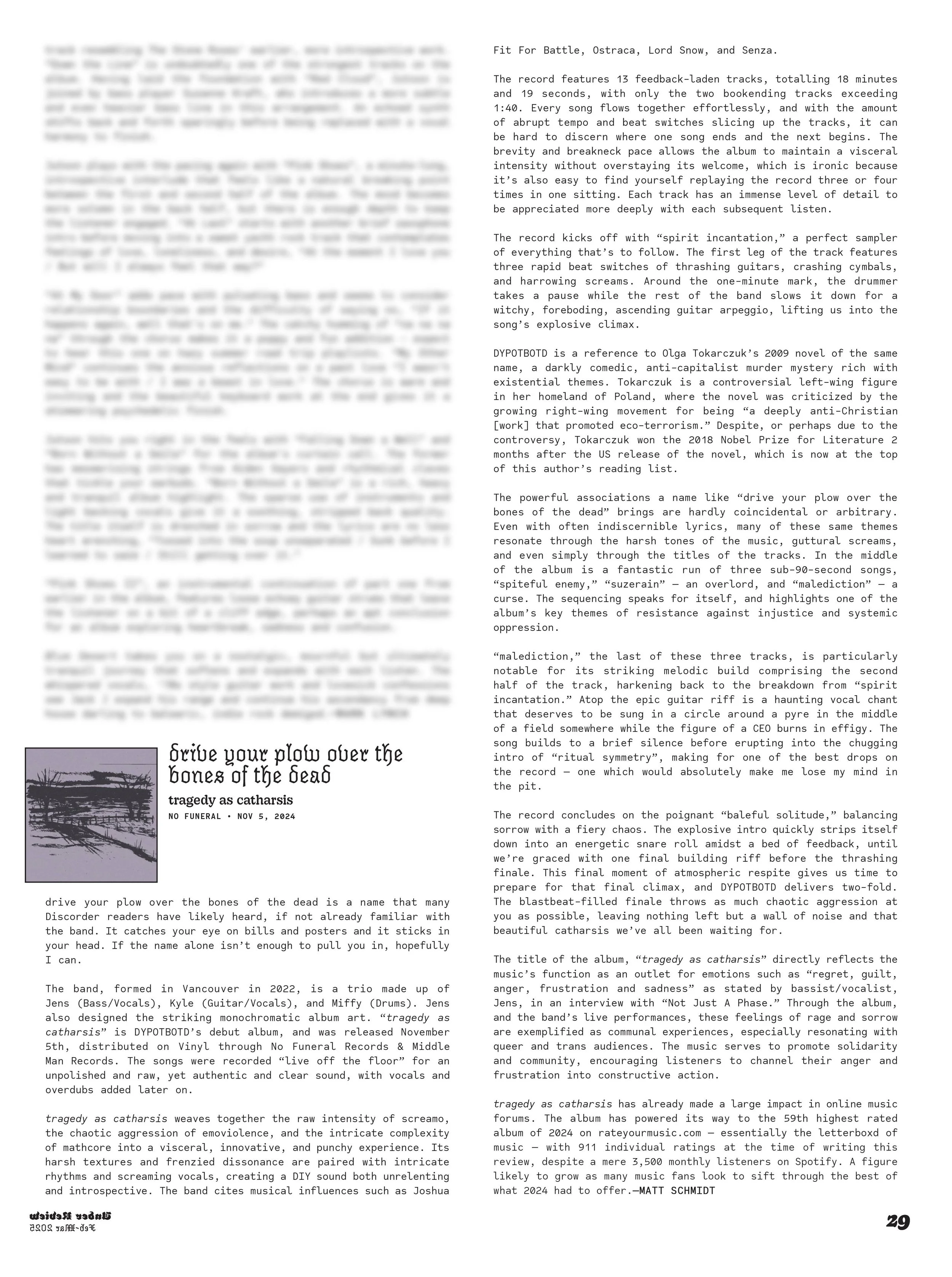 Page from a magazine or booklet with an article about the band tragedy as catharsis, featuring a black-and-white photo of a bridge and text discussing the band's background, album, and critical reception.
