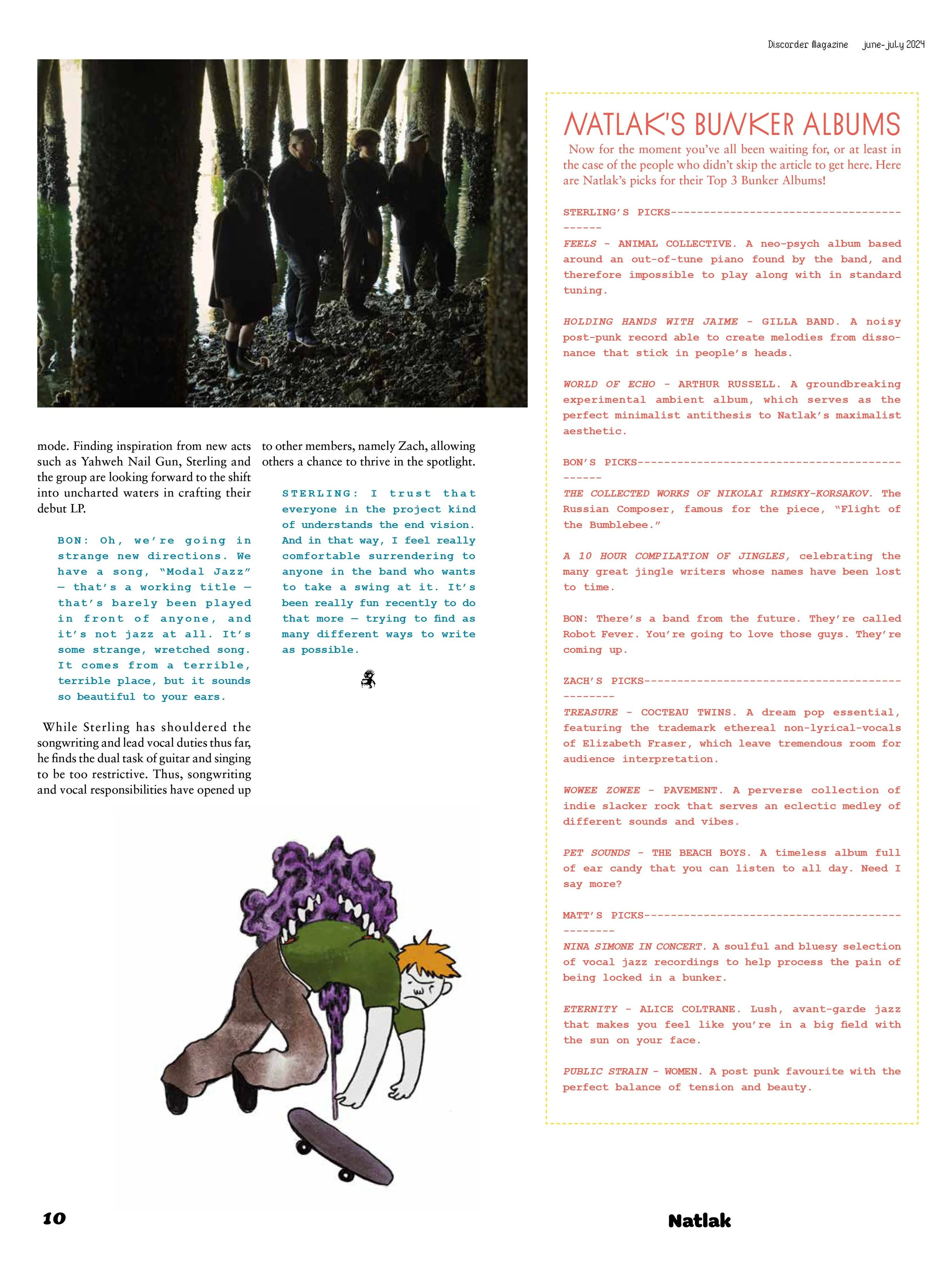 A magazine page featuring a photograph of five people standing under a pier with wooden pillars, an illustration of a person with purple curly hair skateboarding, and text listing top three bunkers chosen by Natlak for their albums, along with descriptions of each.