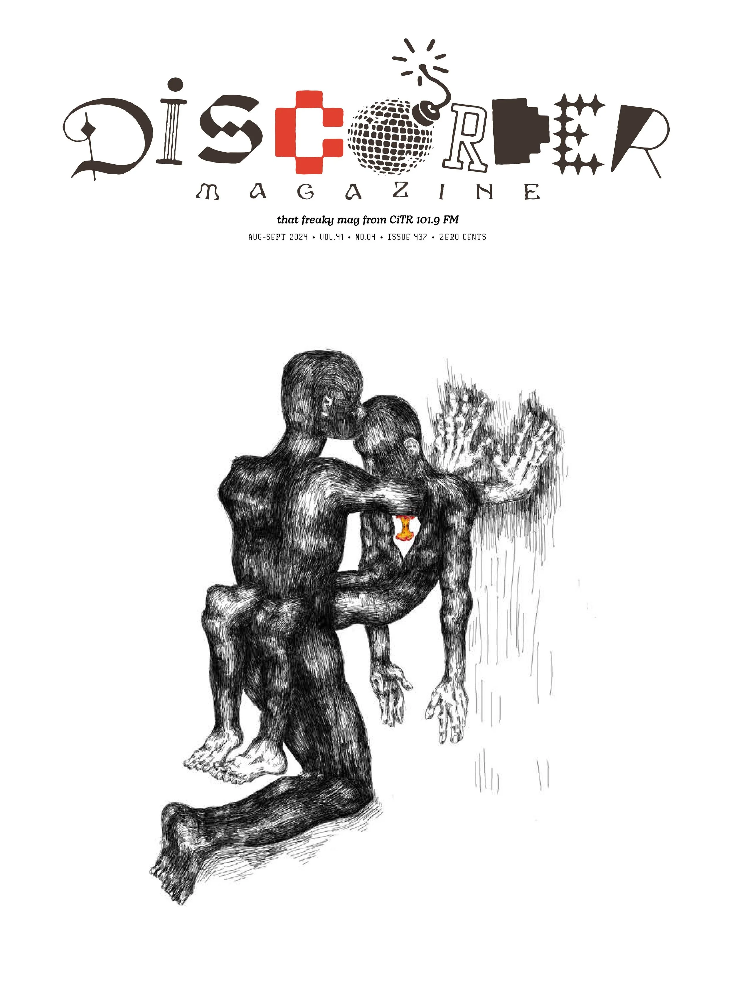 Cover of Discorder Magazine #437. A black and white drawing of two humanoid figures embracing with one figure pressing the other's head against the wall. The figures are stylized with detailed line work and textured shading.