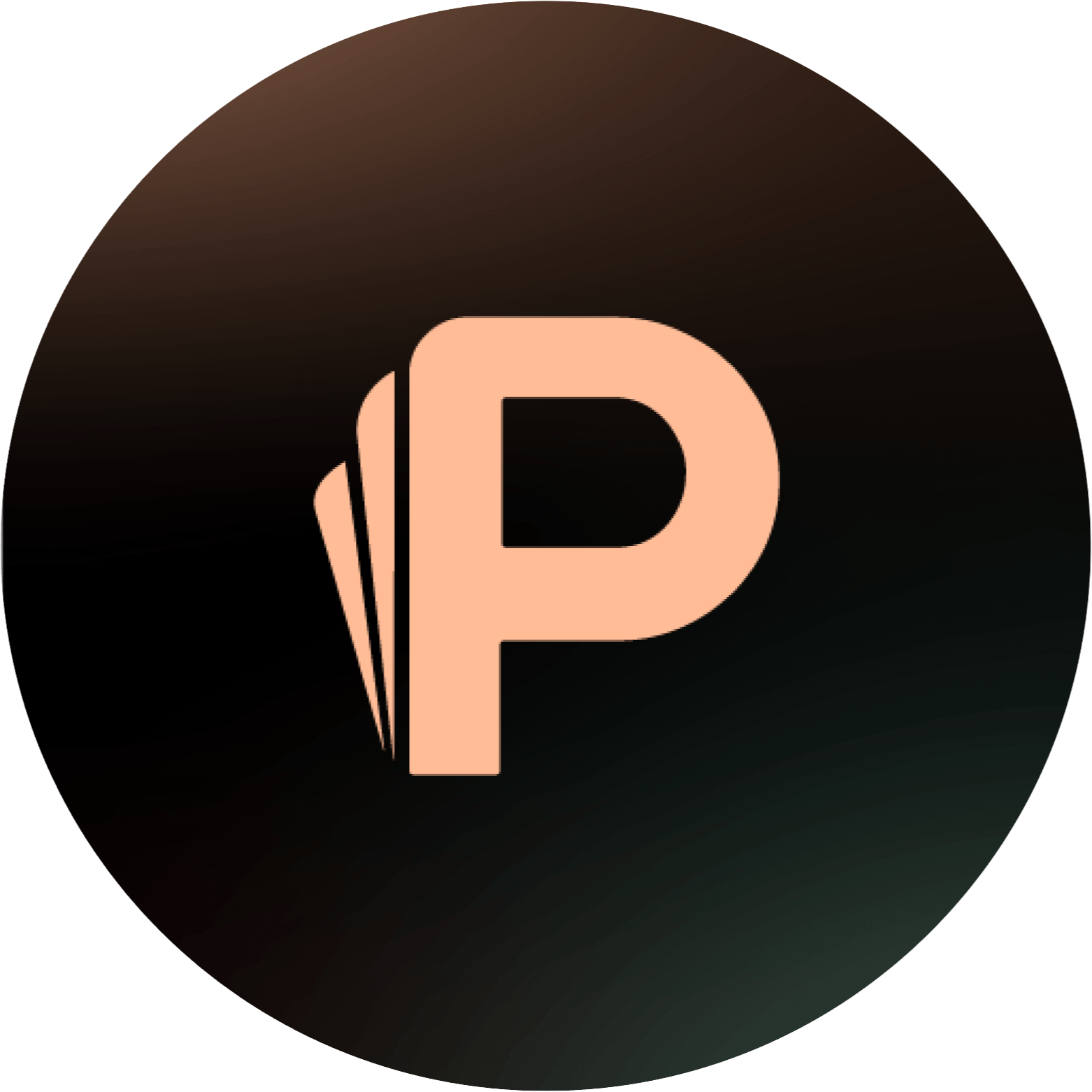 A circular black background with a stylized pink letter 'P' and three lines behind it, creating a layered effect.