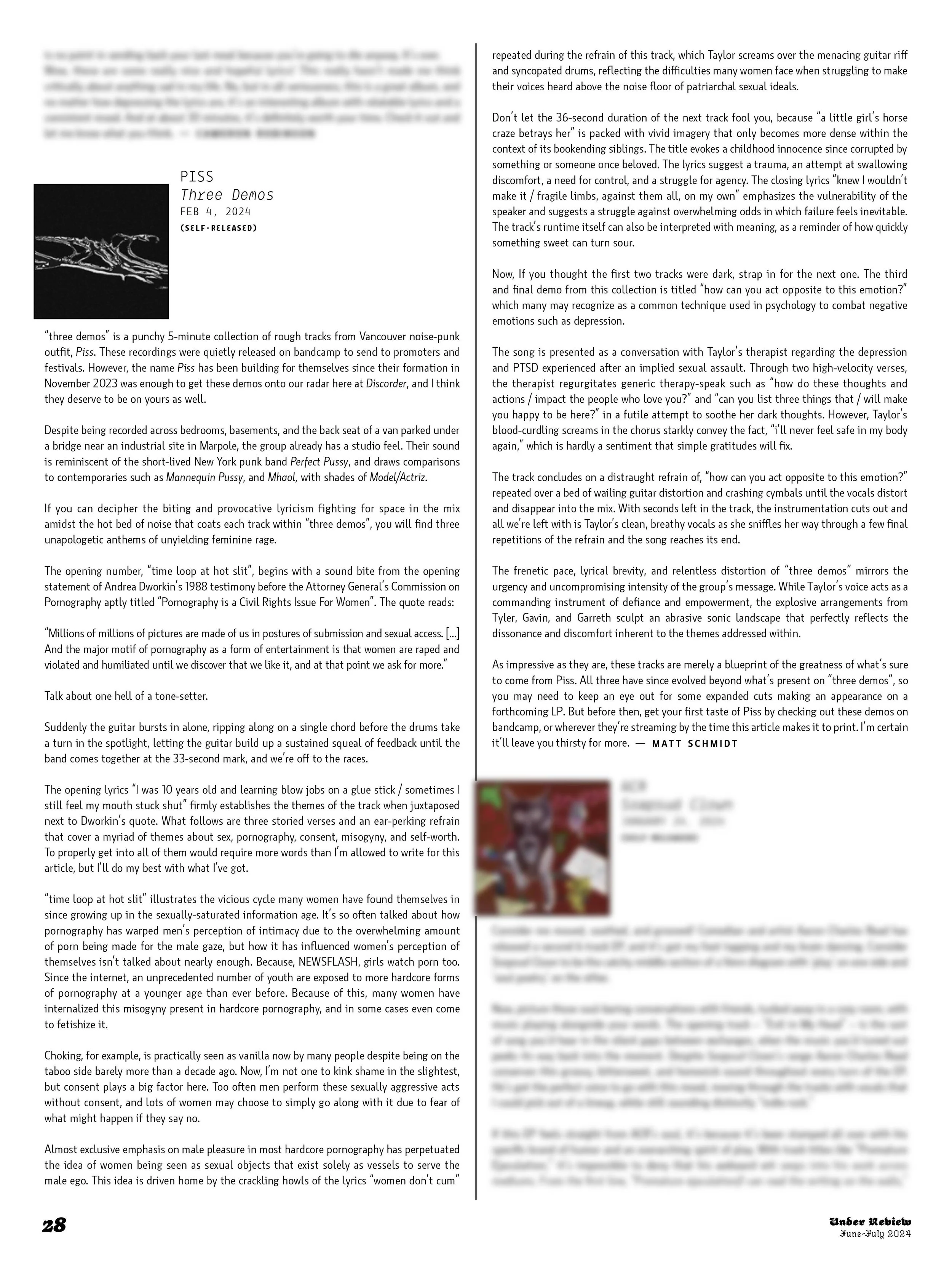 A page from a magazine or newspaper featuring a review of the music album 'Three Demos' by Piss, including descriptive text and a small, blurred image of an album cover on the lower right.