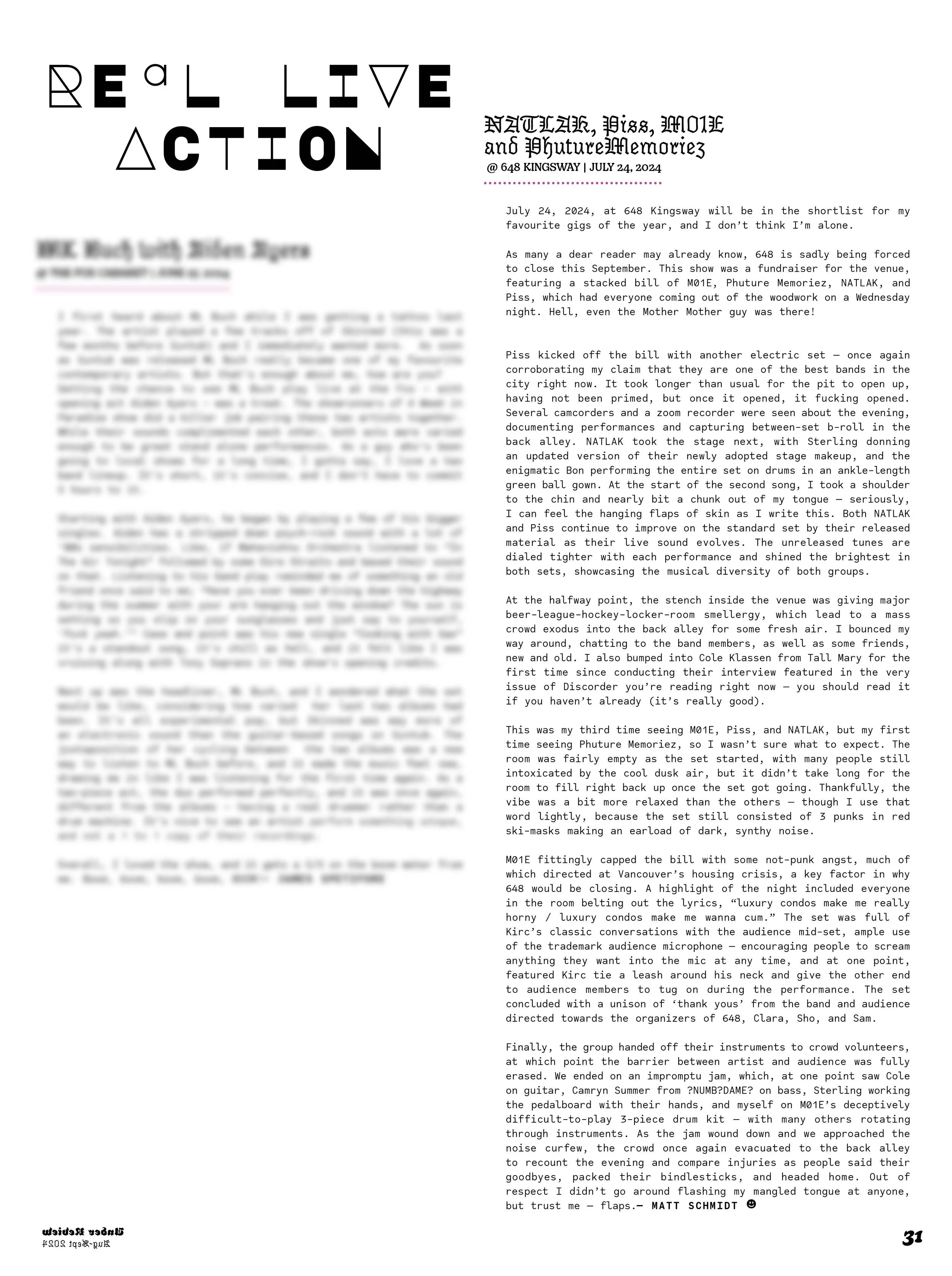 Event poster titled "Reel Live Action" for a concert at 648 Kingsway on July 24, 2024. The poster includes detailed description of a live music event, performer highlights, and audience interaction, along with the date and location information.