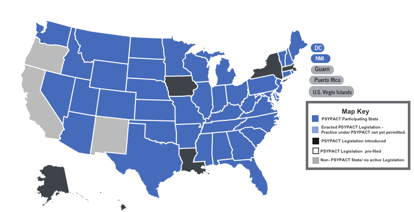Map of states participating in Psypact as of March 2026