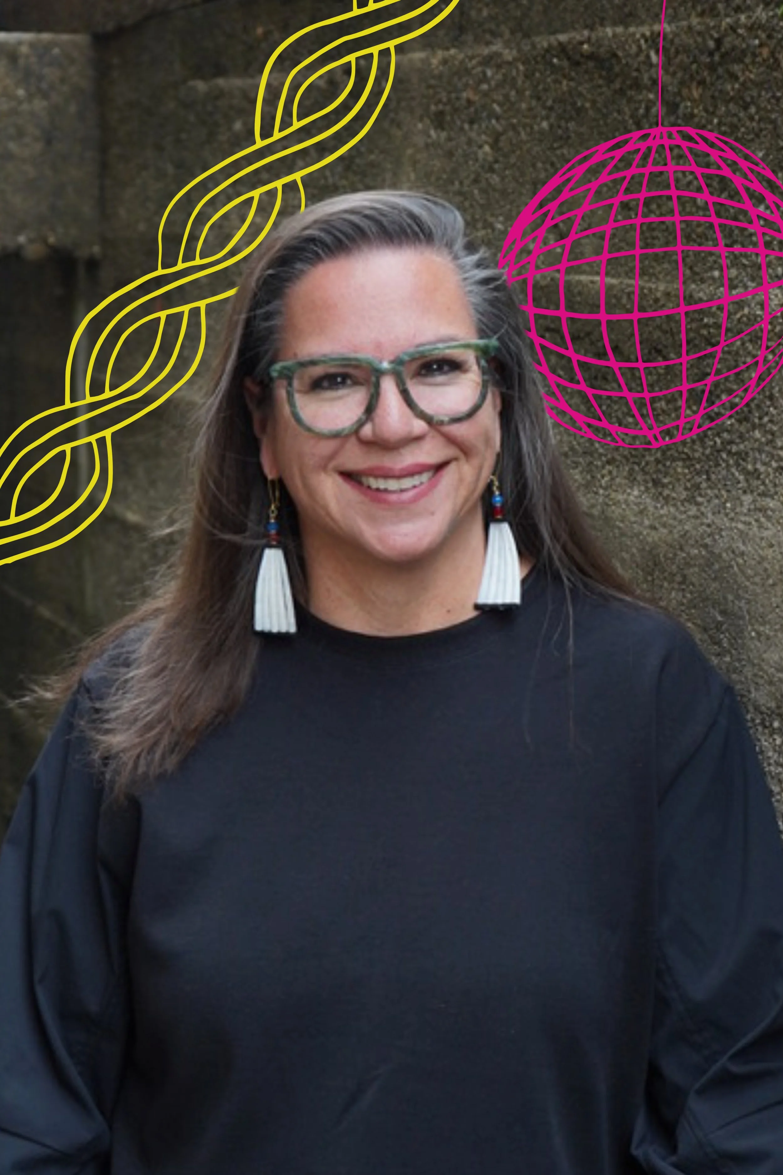 A woman with glasses and earrings smiling, standing outdoors against a stone wall, with abstract yellow and pink line drawings overlayed.
