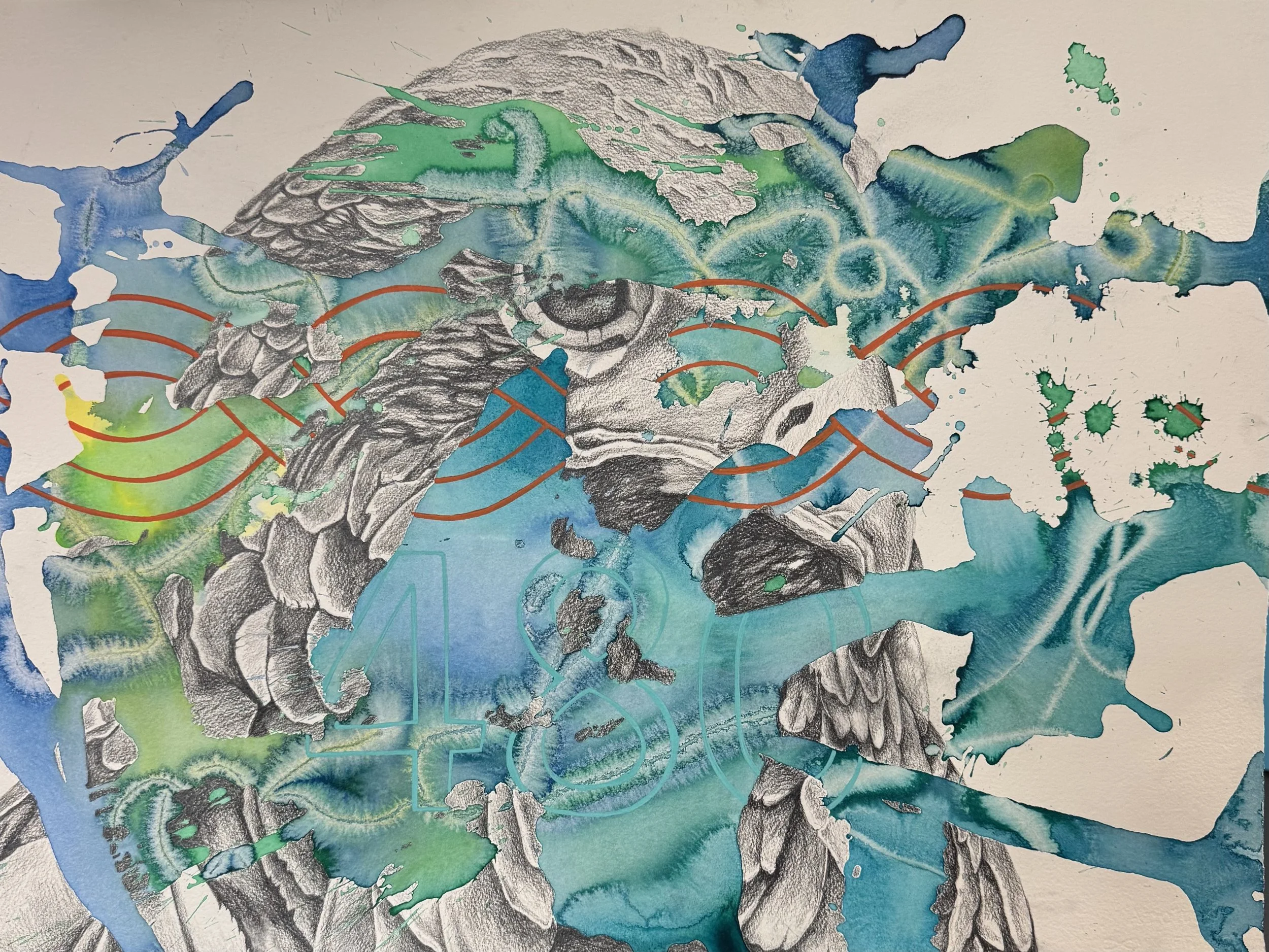 Abstract watercolor art with black and white sketches of a dog's face, overlaid with blue, green, and yellow paint splashes and red curved lines