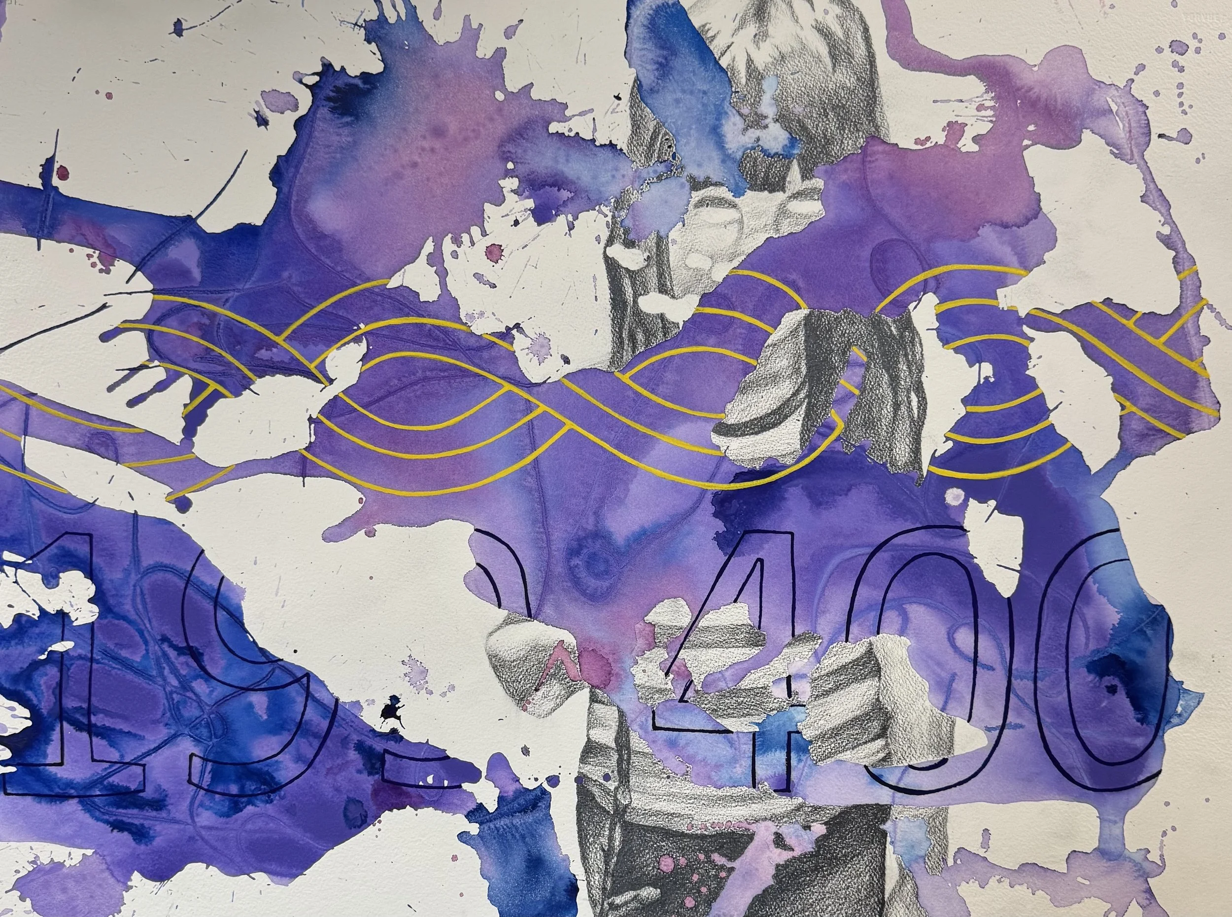 Abstract watercolor painting with shades of purple, blue, and black, overlaid with gold and black line patterns, featuring partially obscured large text.
