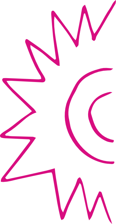 Hand-drawn pink outline of a sun with jagged rays and a semi-circle at the bottom.