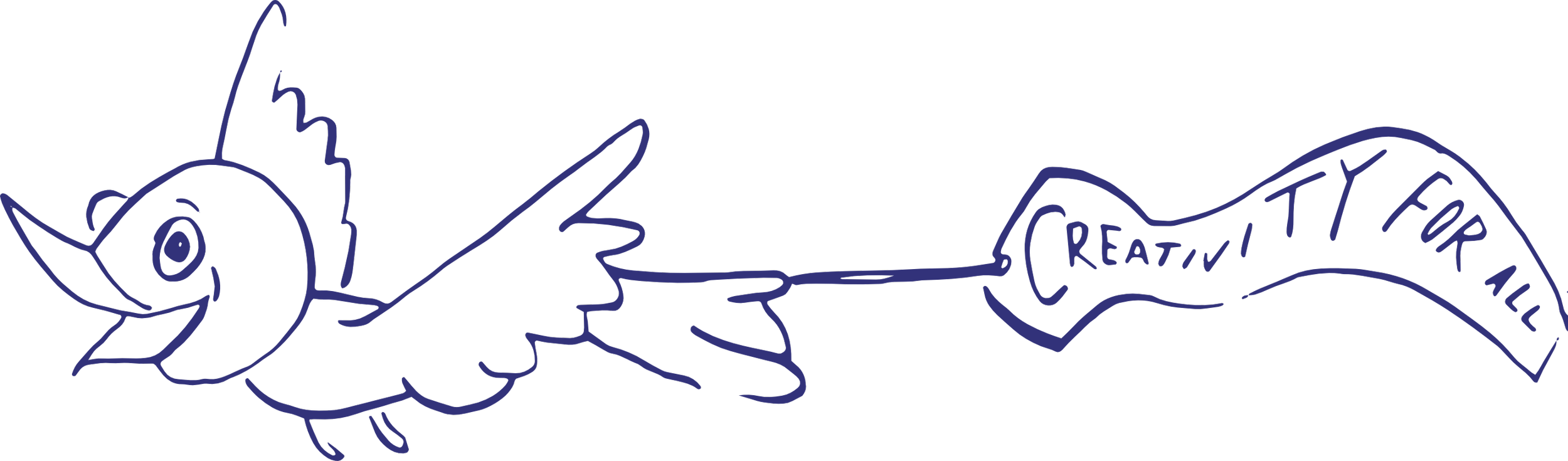A hand-drawn illustration of a bird flying, with a flag that reads 'Creativity for All'.