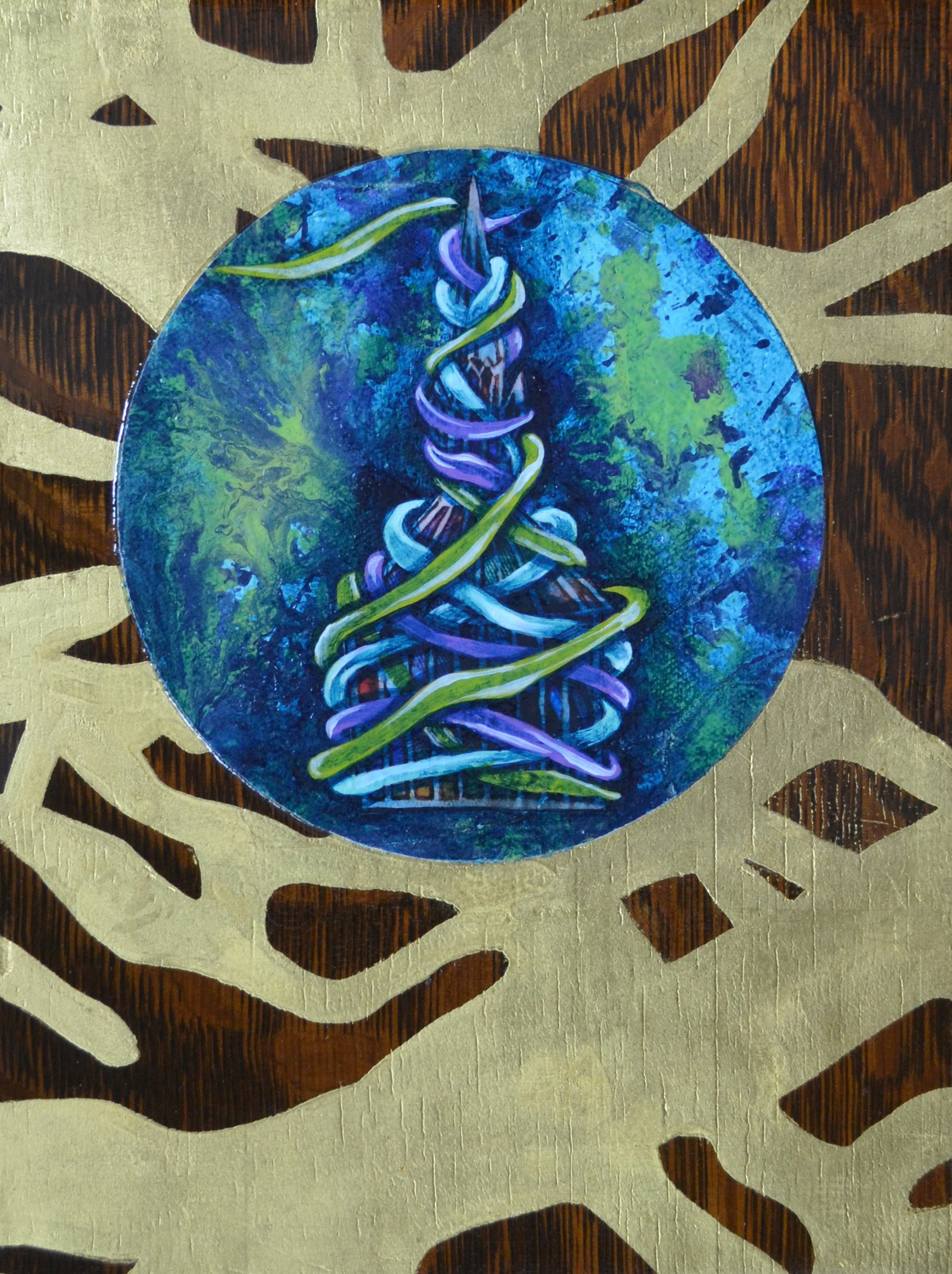 A circular artwork featuring a colorful, abstract depiction of strands, set against a textured, vibrant blue-green background, with a metallic gold and dark brown patterned cutout surrounding it.