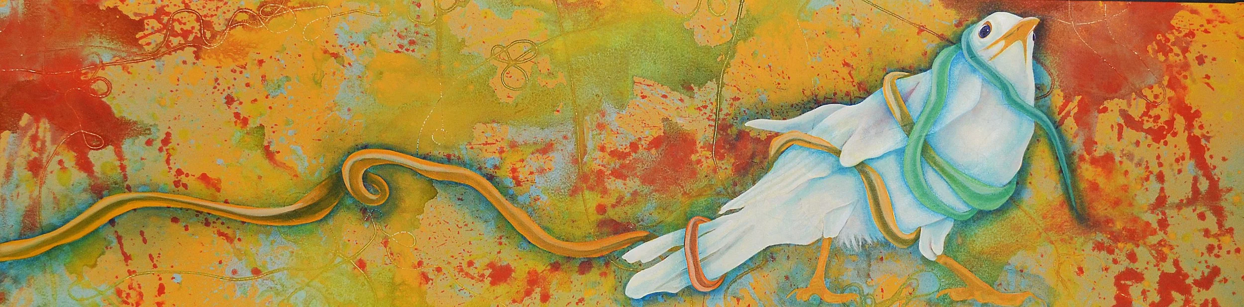 Abstract painting of a glowing, surreal fish with a white body and colorful accents, against a vibrant background of red, yellow, orange, and green splashes.